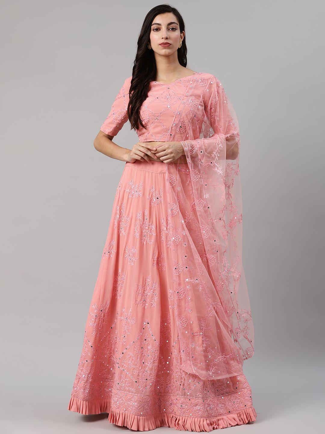 shubhkala pink embroidered  semi-stitched lehenga & blouse with dupatta