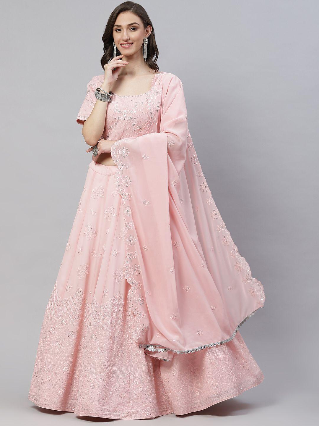 shubhkala pink embroidered sequinned semi-stitched lehenga & blouse with dupatta