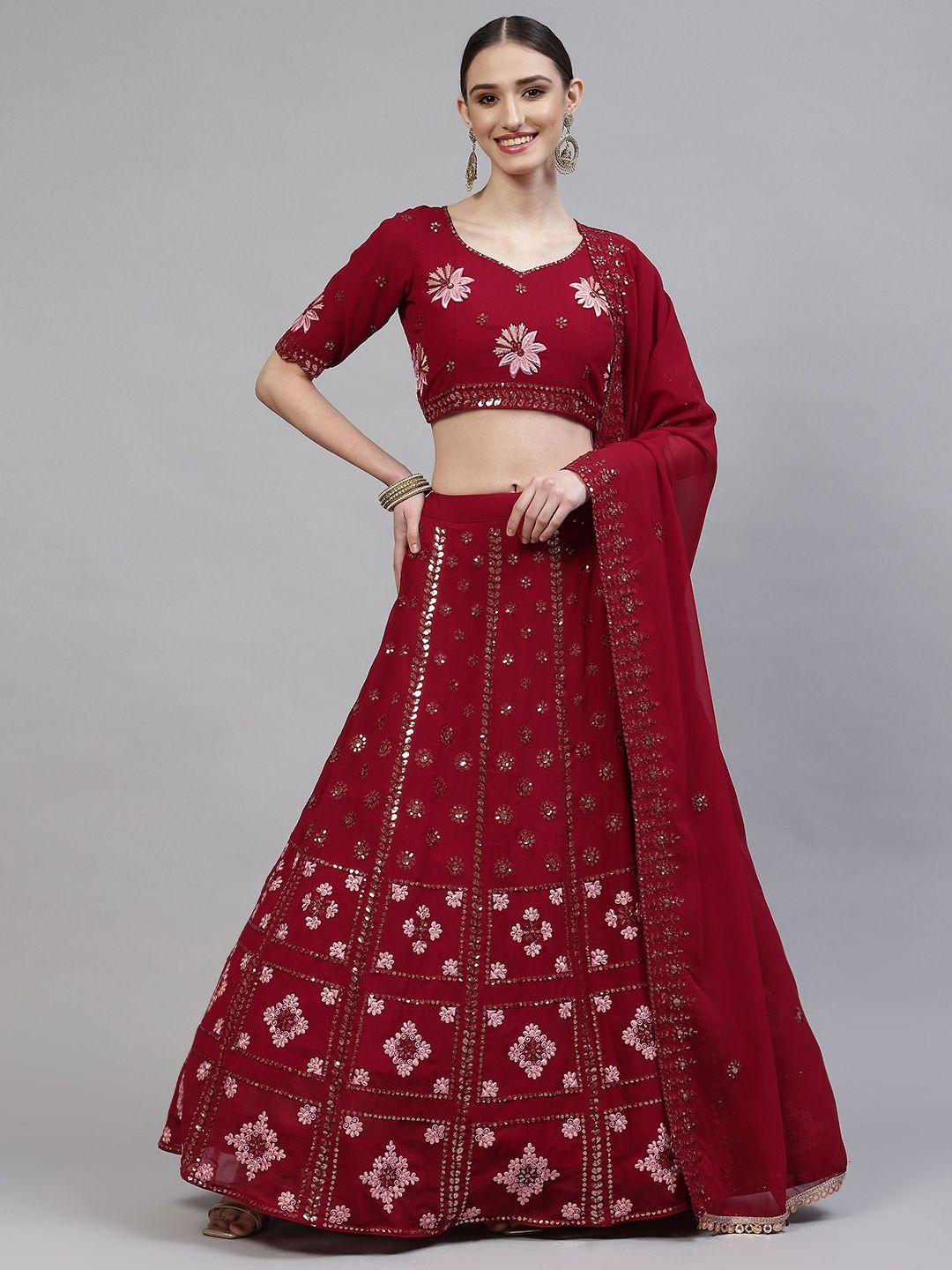 shubhkala red embroidered semi-stitched lehenga & blouse with dupatta