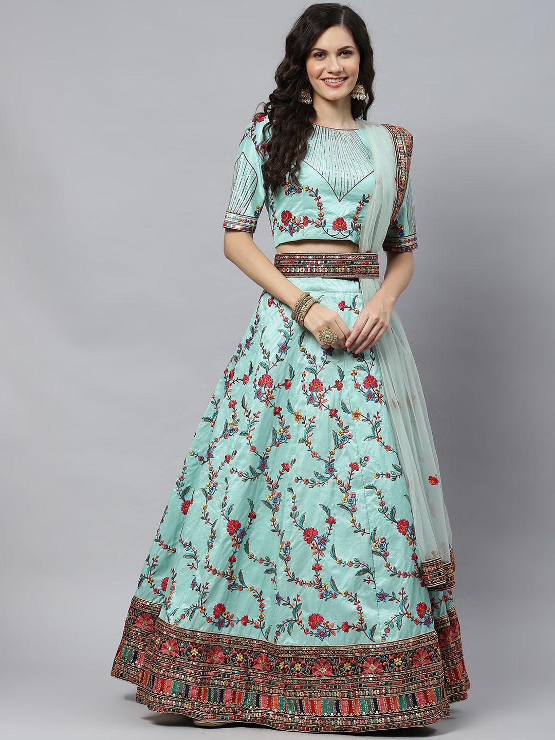 shubhkala sea green embroidered sequinned semi-stitched lehenga & unstitched blouse with dupatta