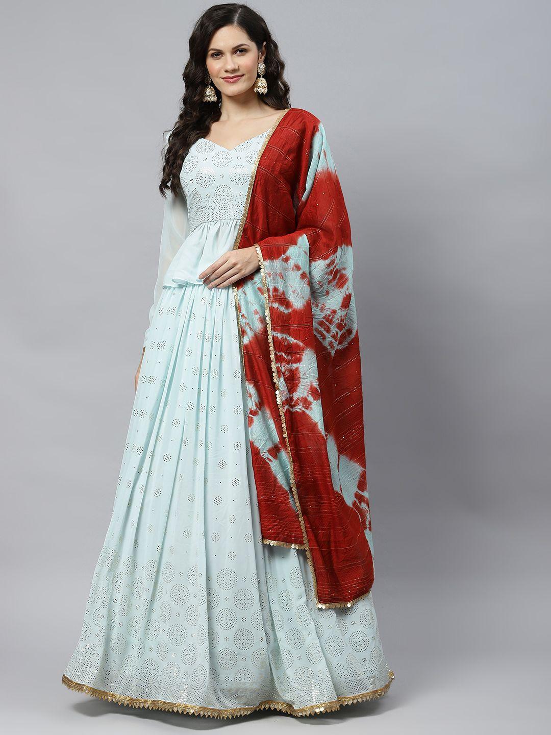 shubhkala turquoise blue & maroon embellished sequinned semi-stitched lehenga & unstitched blouse with