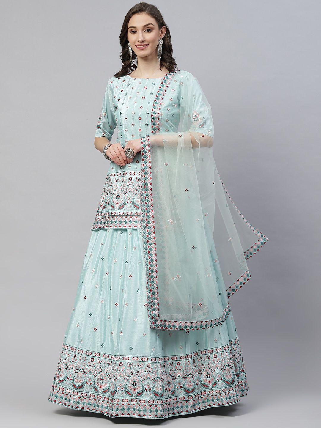 shubhkala turquoise blue embroidered mirror work semi-stitched lehenga & blouse with dupatta