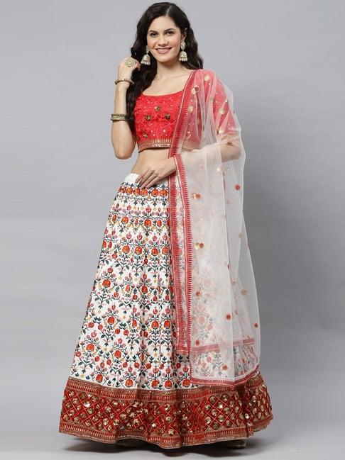 shubhkala white & red silk embroidered lehenga and choli set with dupatta