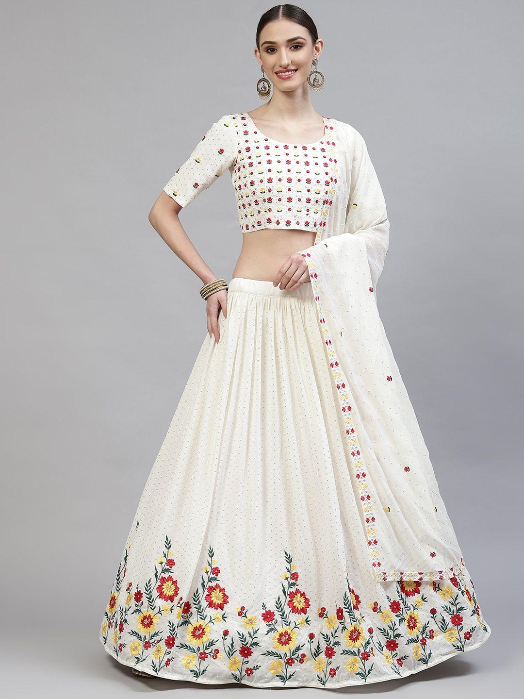 shubhkala white embroidered semi-stitched lehenga & blouse with dupatta