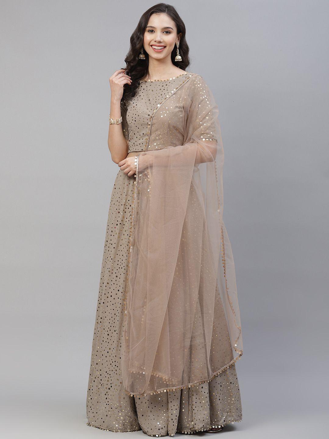 shubhkala beige & golden sequinned semi-stitched lehenga & unstitched blouse with dupatta