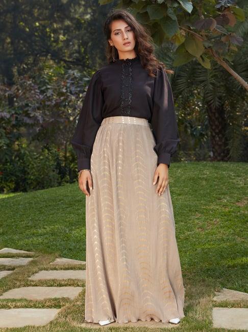 shubhkala black & beige embellished crop top and skirt set