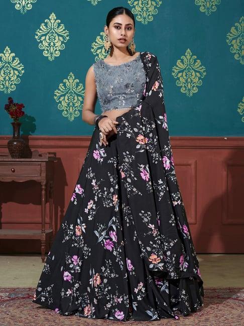 shubhkala black & grey silk floral print lehenga and choli set with dupatta