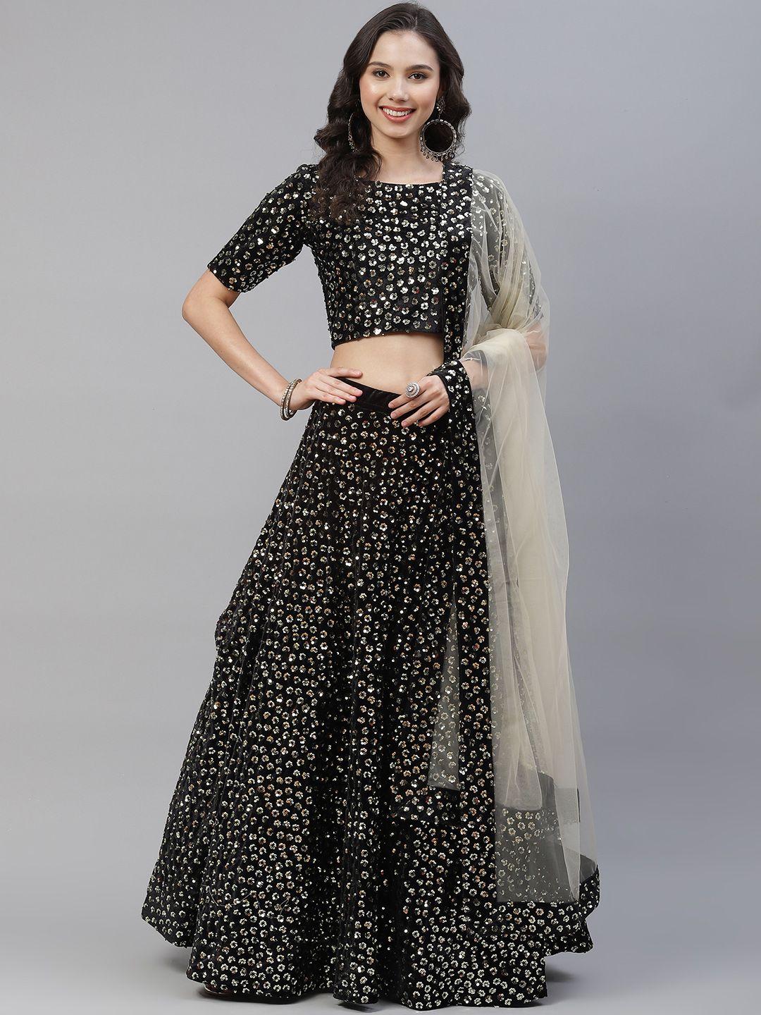 shubhkala black & silver embellished semi-stitched lehenga with blouse & dupatta