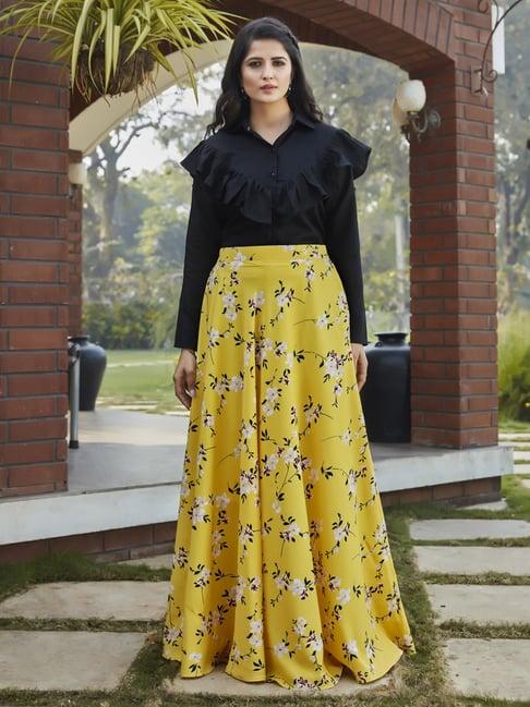 shubhkala black & yellow full sleeves crop top and skirt set