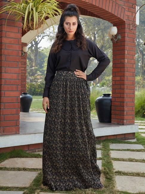 shubhkala black full sleeves crop top and skirt set