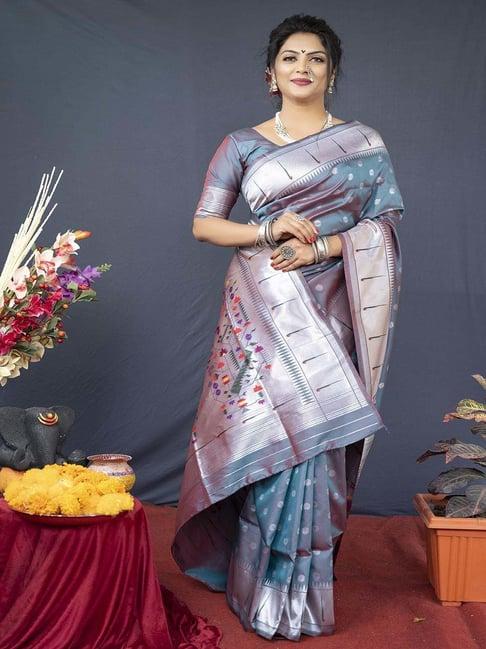 shubhkala blue & silver silk woven saree with unstitched blouse