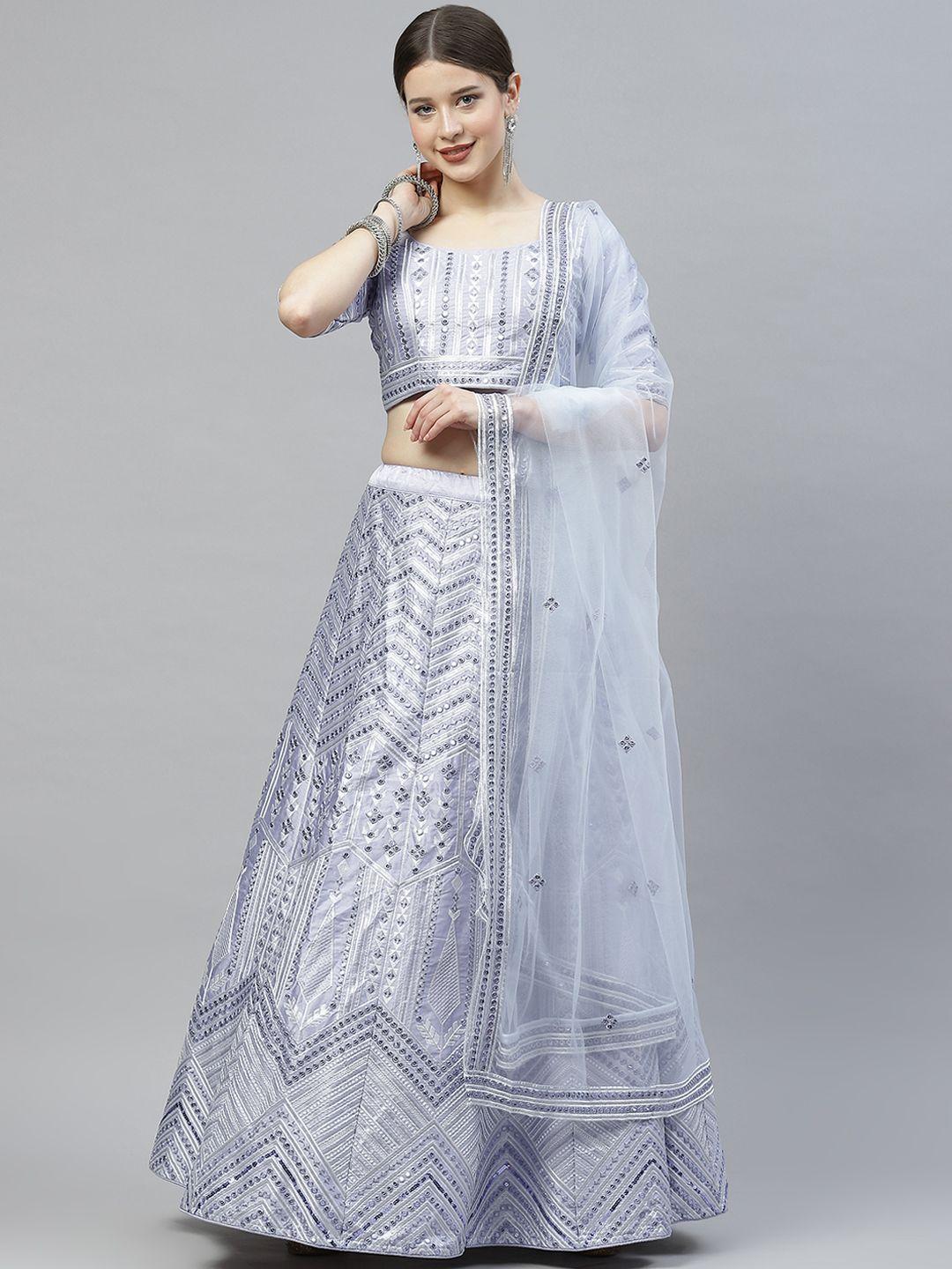 shubhkala blue embellished mirror work semi-stitched lehenga & unstitched blouse with dupatta