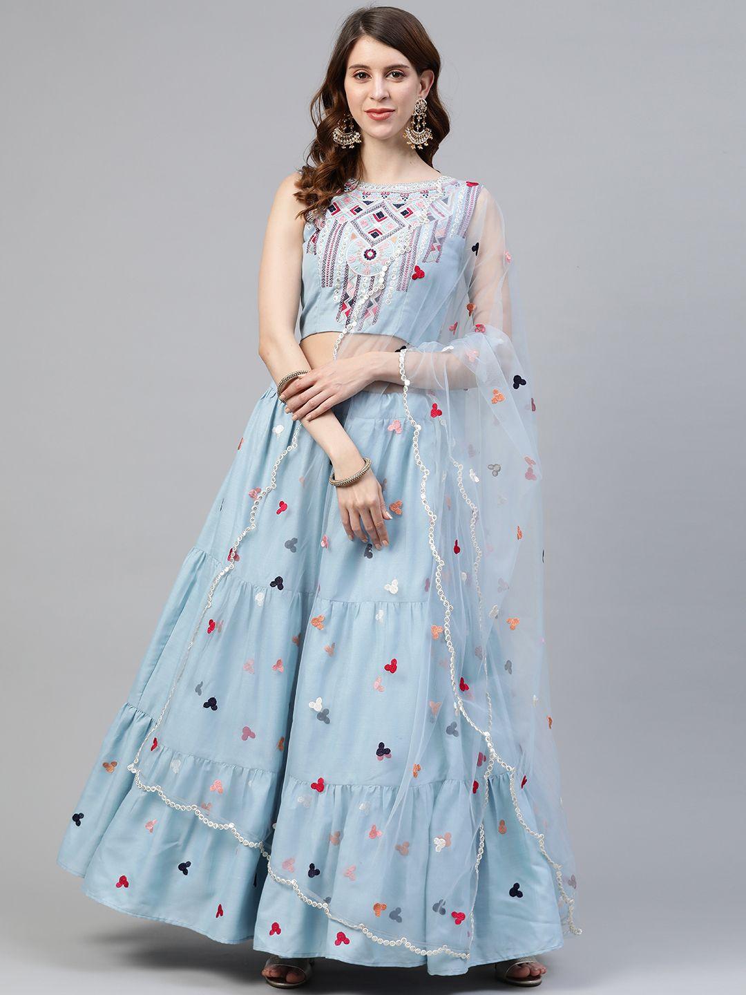 shubhkala blue semi-stitched tiered embroidered lehenga & blouse with dupatta