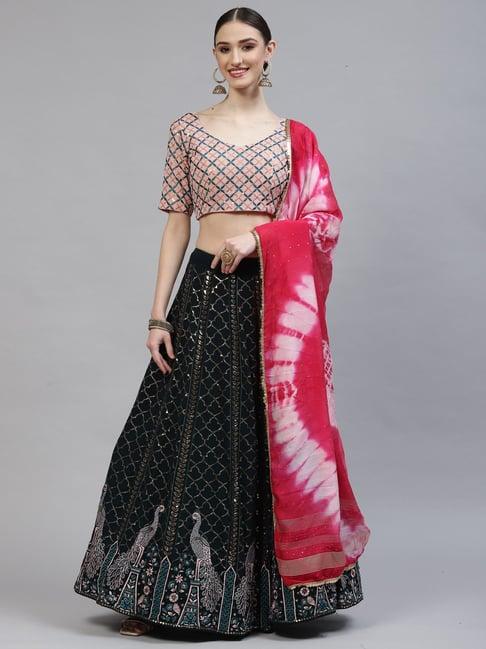 shubhkala bottle green & pink embellished lehenga and choli set with dupatta