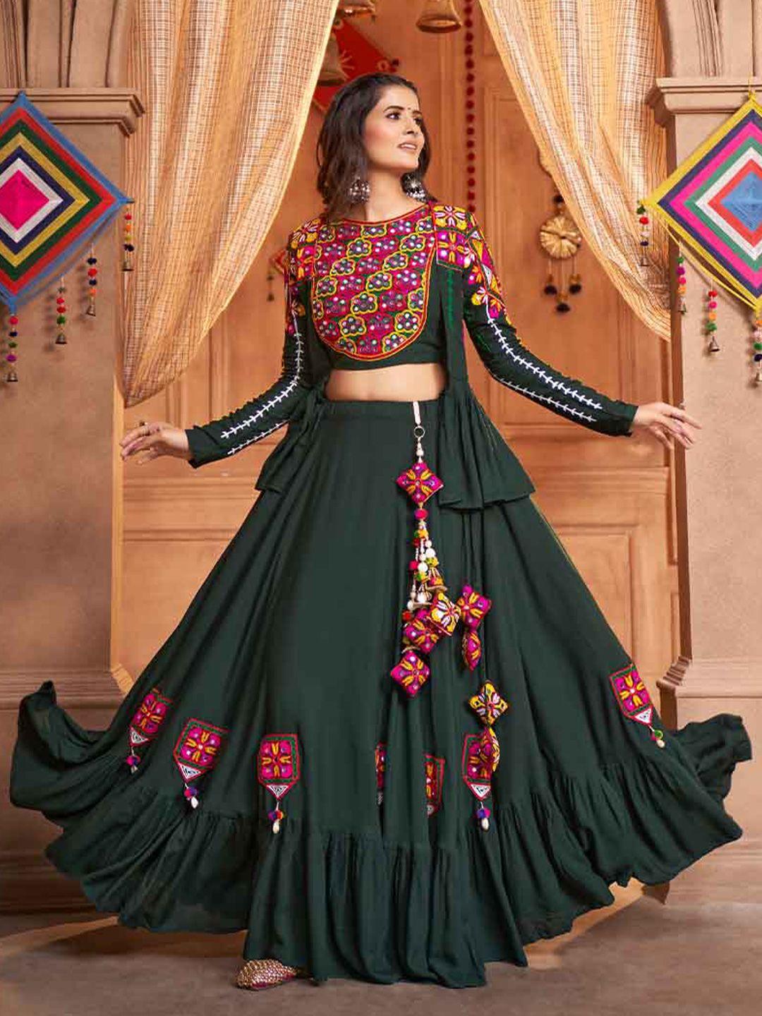 shubhkala embroidered mirror work ready to wear lehenga & unstitched blouse