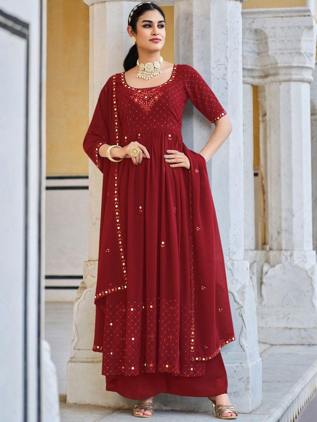 shubhkala floral embroidered mirror work georgette anarkali kurta with palazzos & dupatta