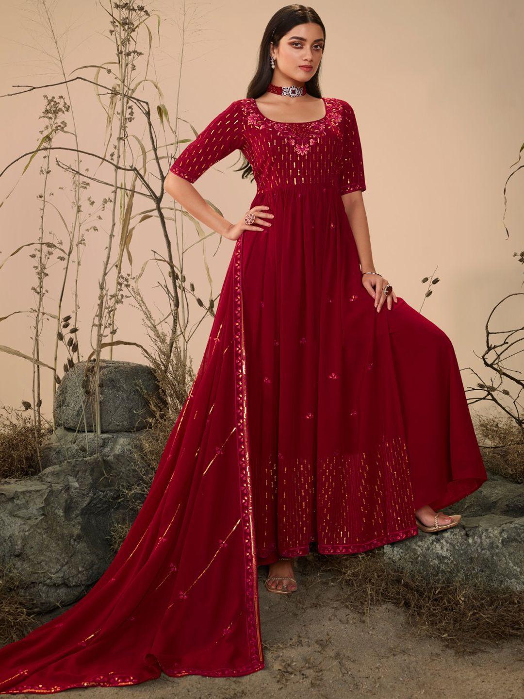 shubhkala floral embroidered sequinned georgette anarkali kurta with palazzos & dupatta