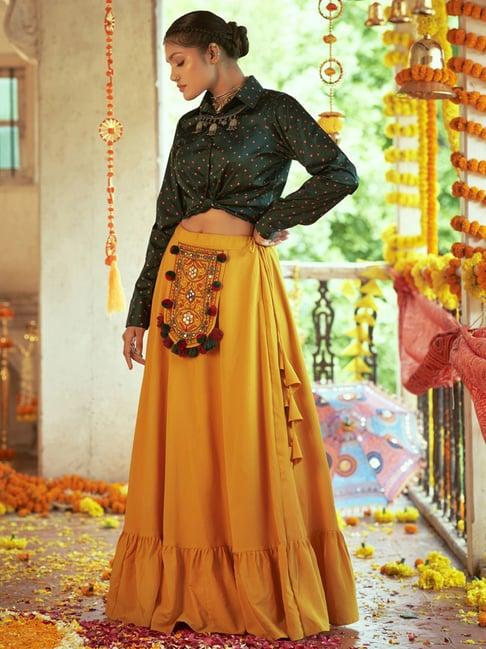 shubhkala green & yellow cotton printed crop top and skirt set