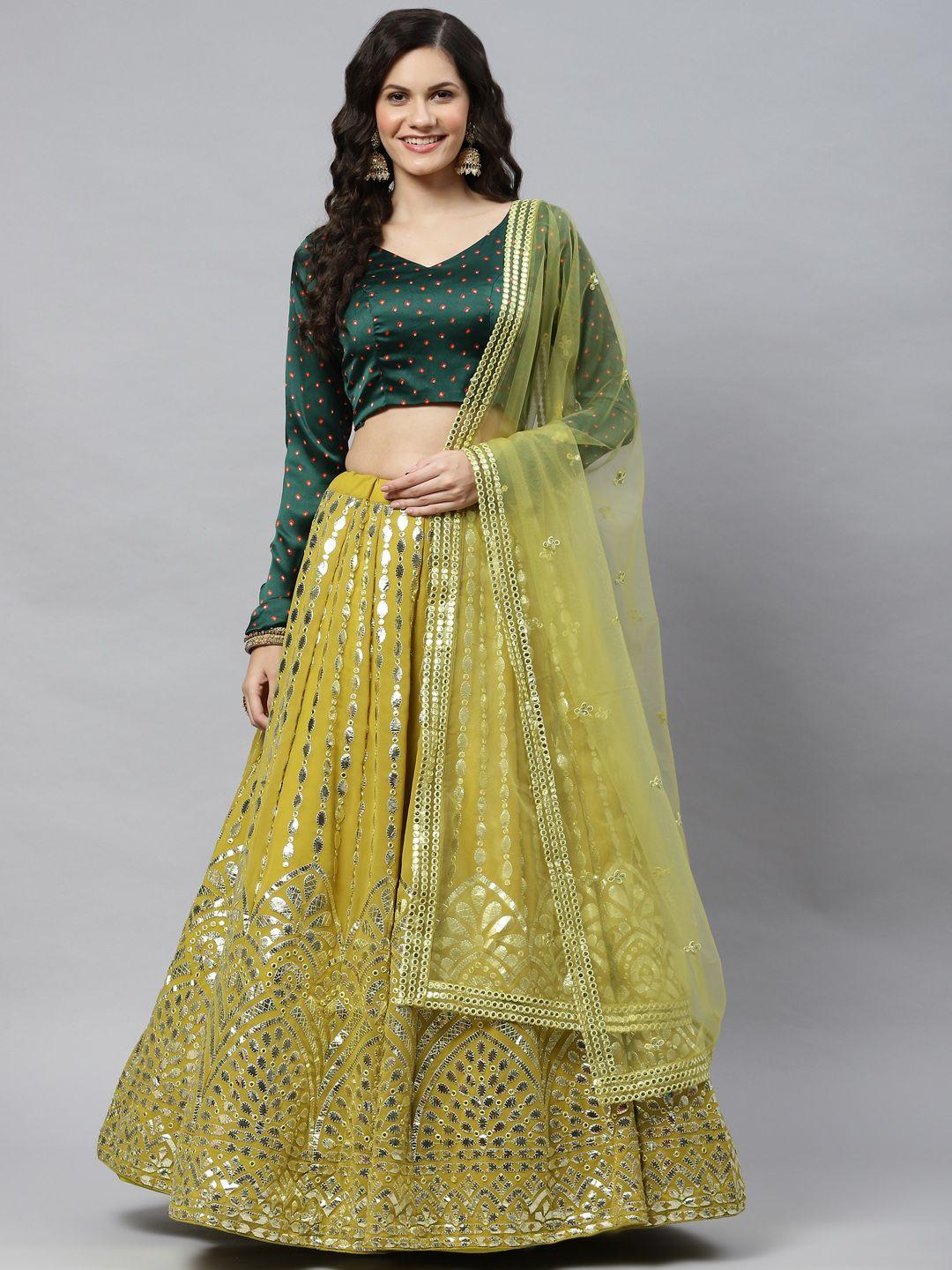 shubhkala green printed semi-stitched lehenga & unstitched blouse with dupatta