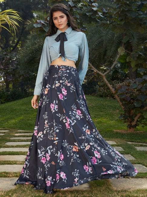 shubhkala grey & navy full sleeves crop top and skirt set