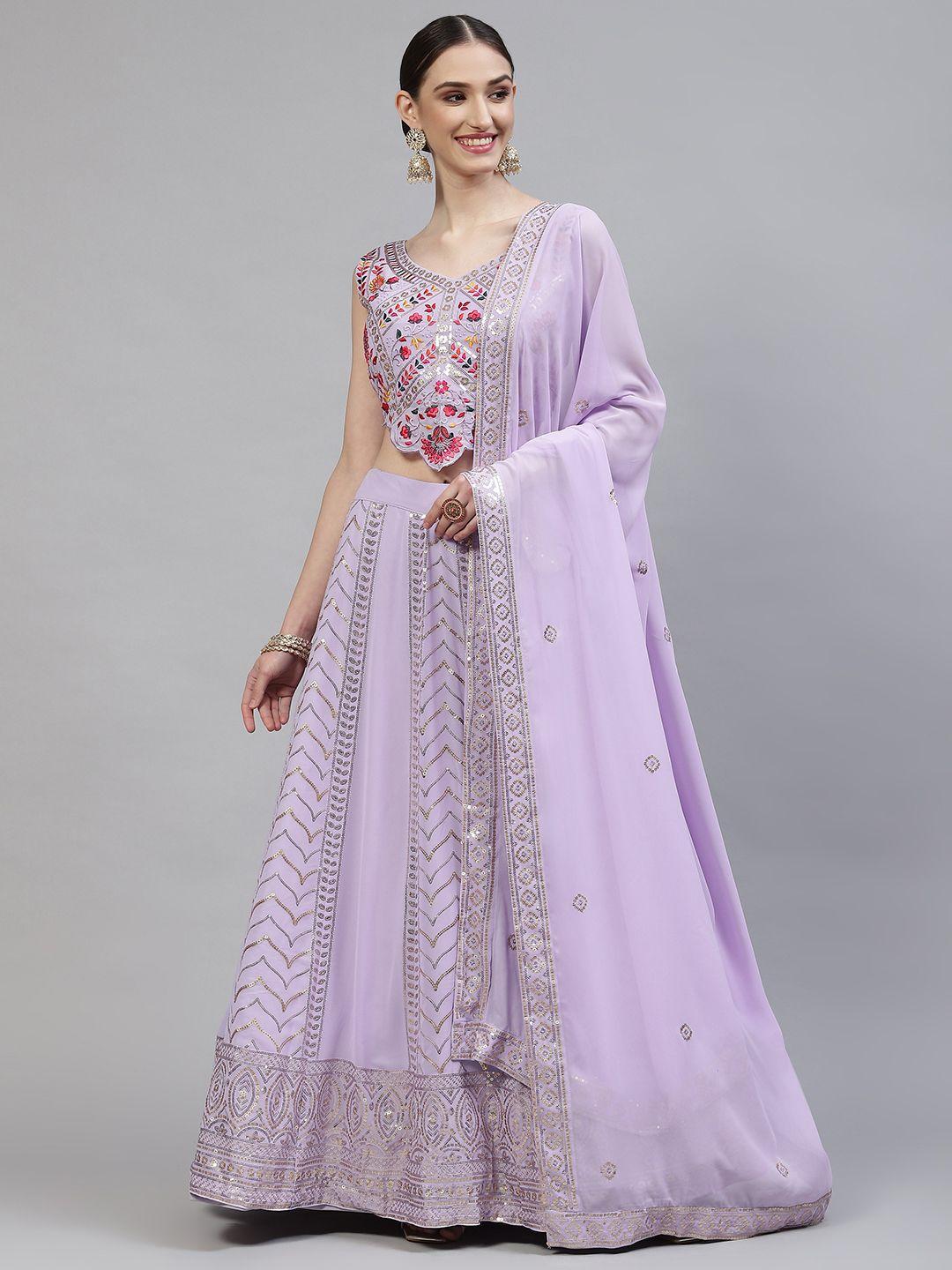 shubhkala lavender embroidered semi-stitched lehenga & blouse with dupatta