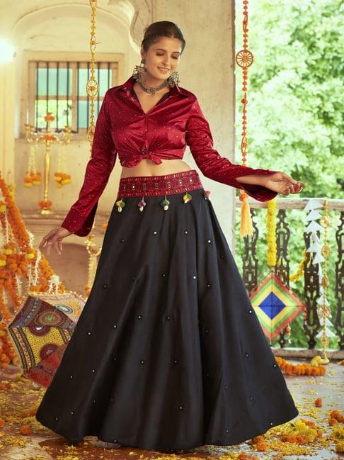 shubhkala maroon & black cotton printed crop top and skirt set