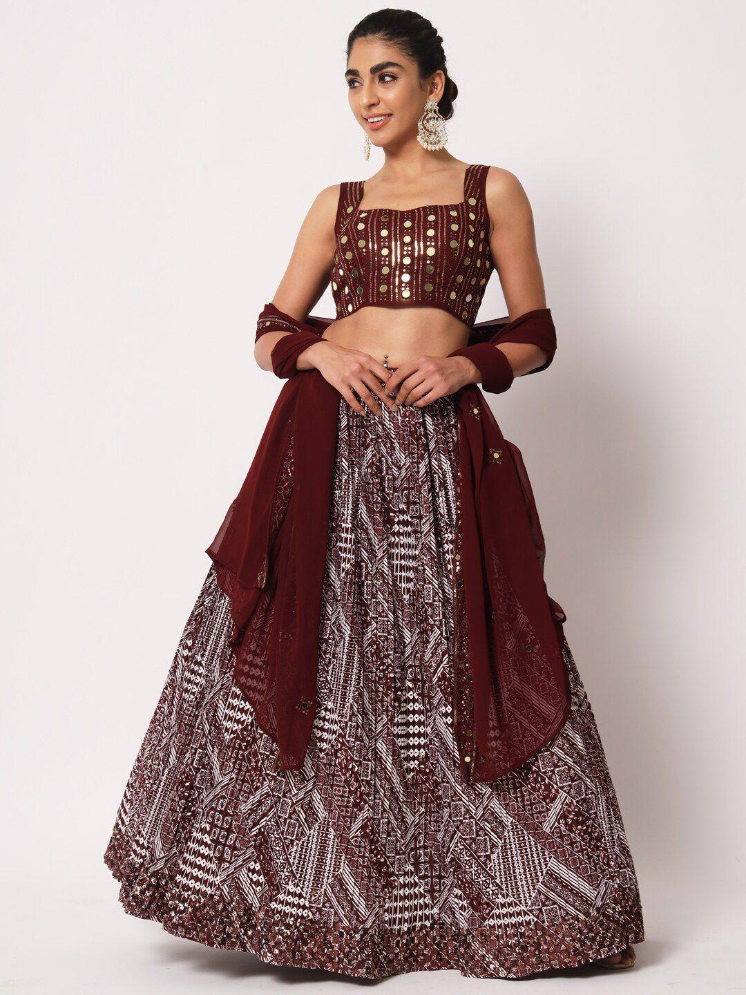 shubhkala maroon & white embellished thread work semi-stitched lehenga & unstitched blouse with dupatta