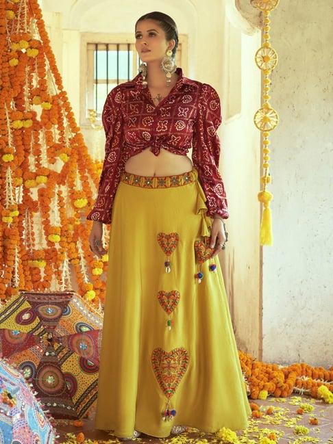 shubhkala maroon & yellow printed crop top and skirt set