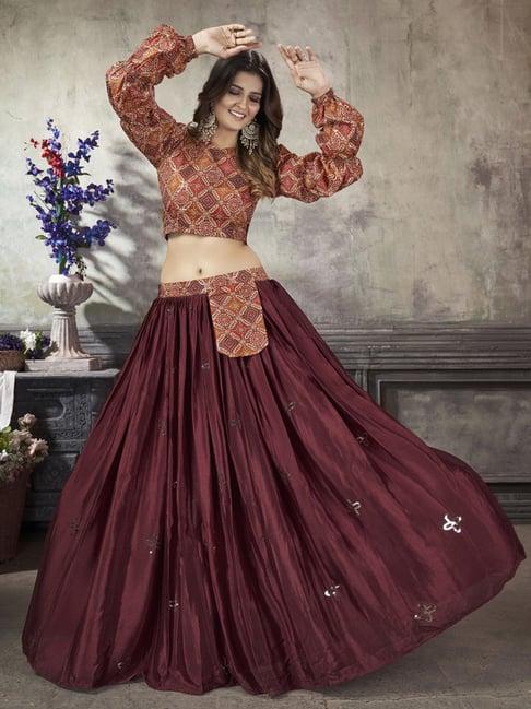 shubhkala maroon embellished crop top and skirt set