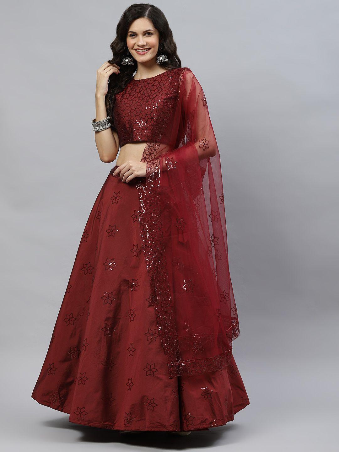 shubhkala maroon embellished sequinned semi-stitched lehenga & unstitched blouse with dupatta