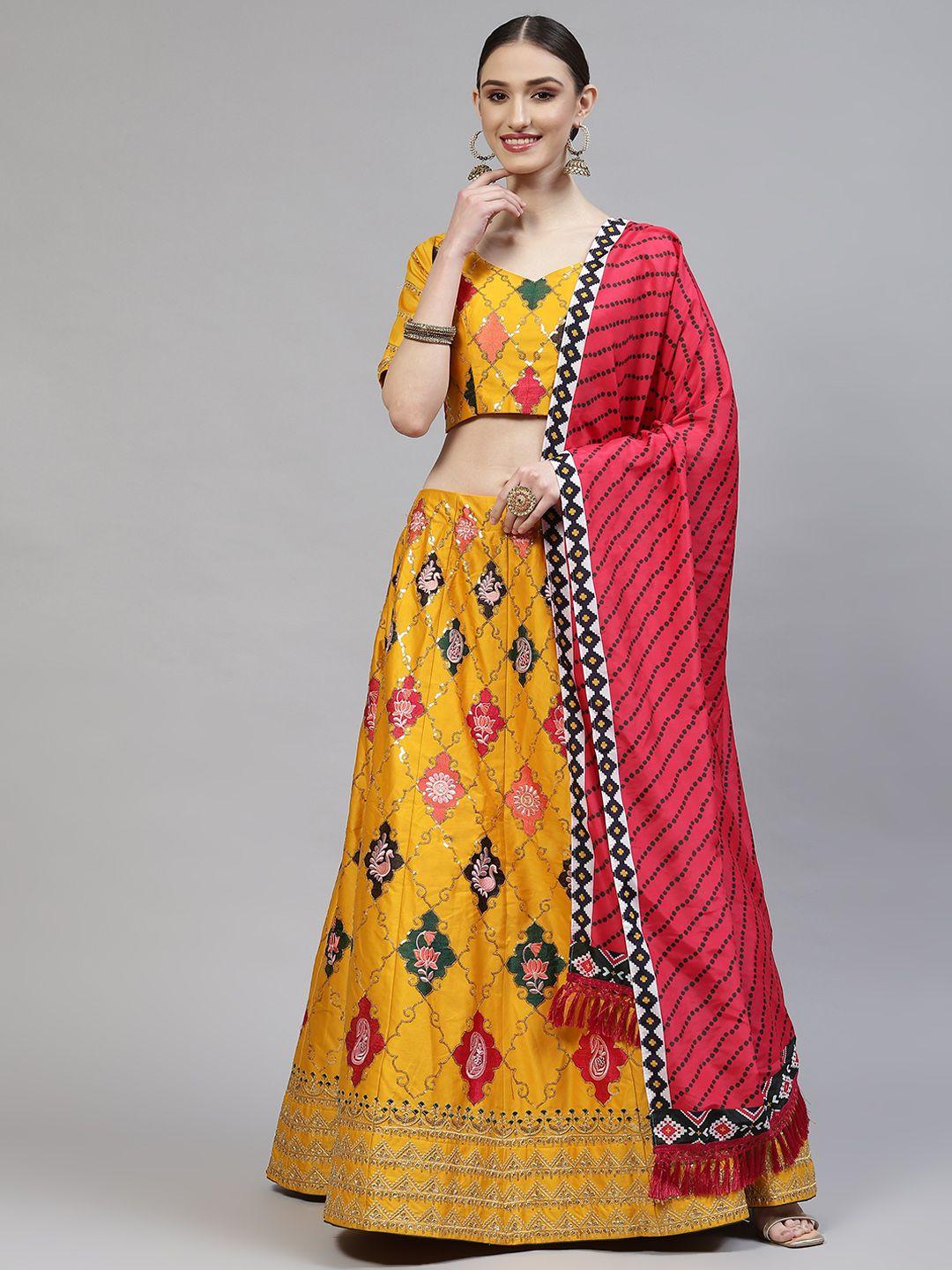 shubhkala mustard yellow embroidered semi-stitched lehenga & blouse with dupatta