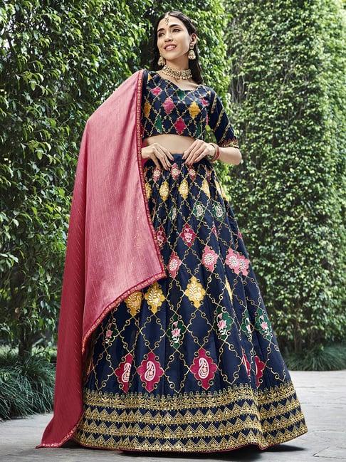 shubhkala navy & maroon silk embroidered lehenga and choli set with dupatta