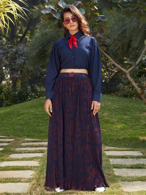 shubhkala navy & red full sleeves crop top and skirt set