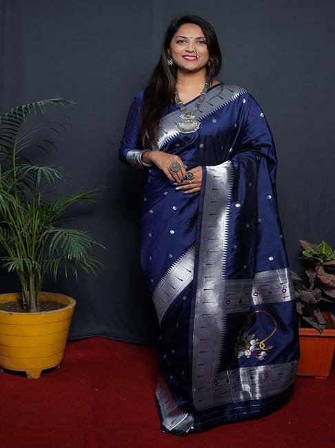 shubhkala navy & silver silk woven saree with unstitched blouse