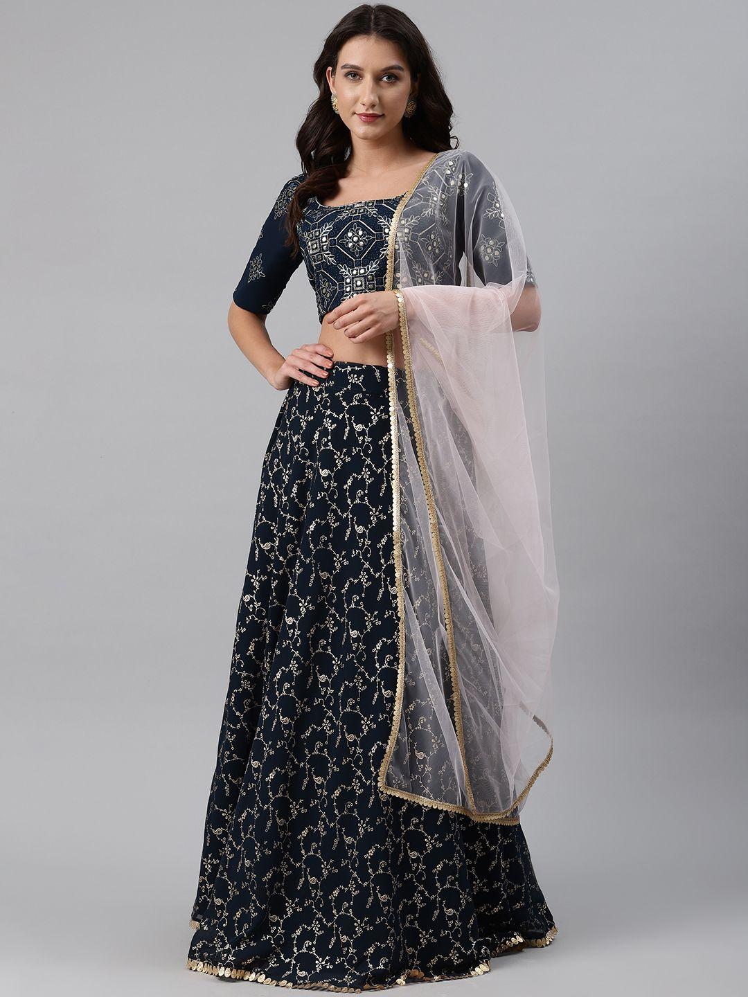 shubhkala navy blue & golden foil print semi-stitched lehenga unstitched blouse & dupatta
