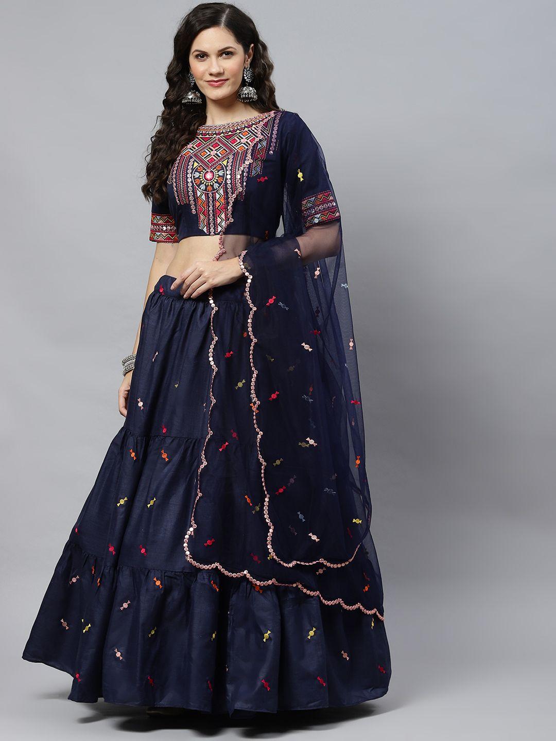 shubhkala navy blue embroidered sequinned semi-stitched lehenga & unstitched blouse with dupatta