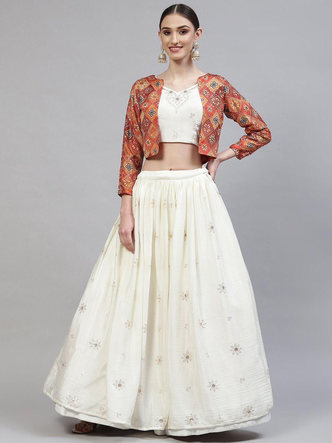 shubhkala off-white embroidered sequinned semi-stitched lehenga & blouse with jacket