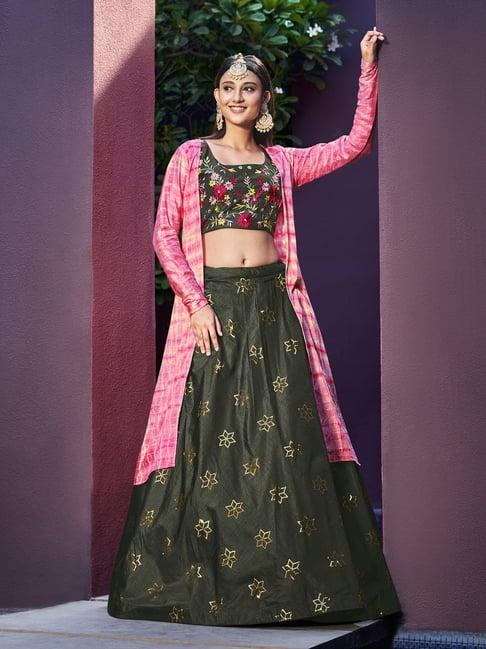 shubhkala olive green & pink silk embroidered lehenga and choli set with jacket