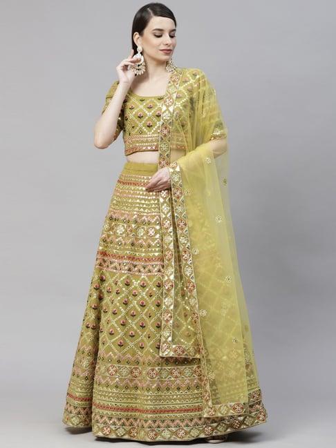 shubhkala olive green embroidered lehenga and choli set with dupatta