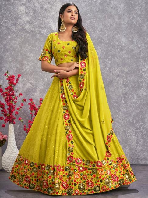 shubhkala olive green embroidered lehenga and choli set with dupatta