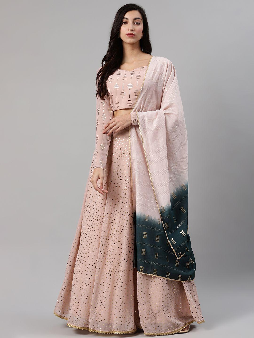 shubhkala pink & golden embellished semi-stitched lehenga & unstitched blouse with dupatta