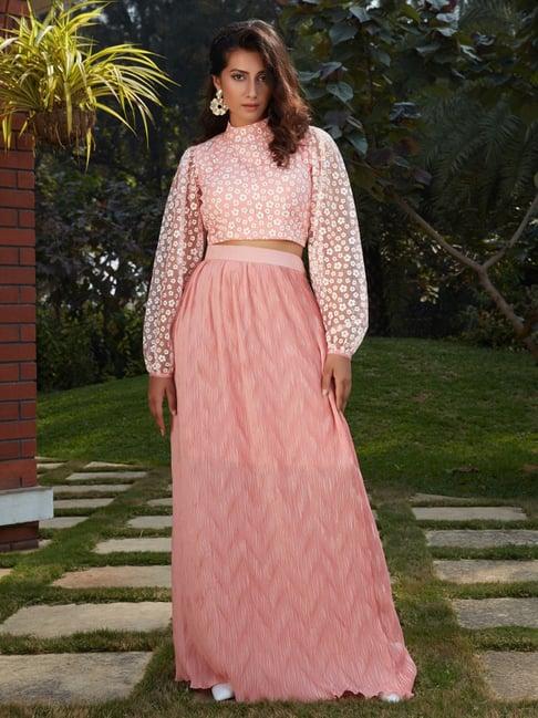shubhkala pink & white floral print crop top and skirt set