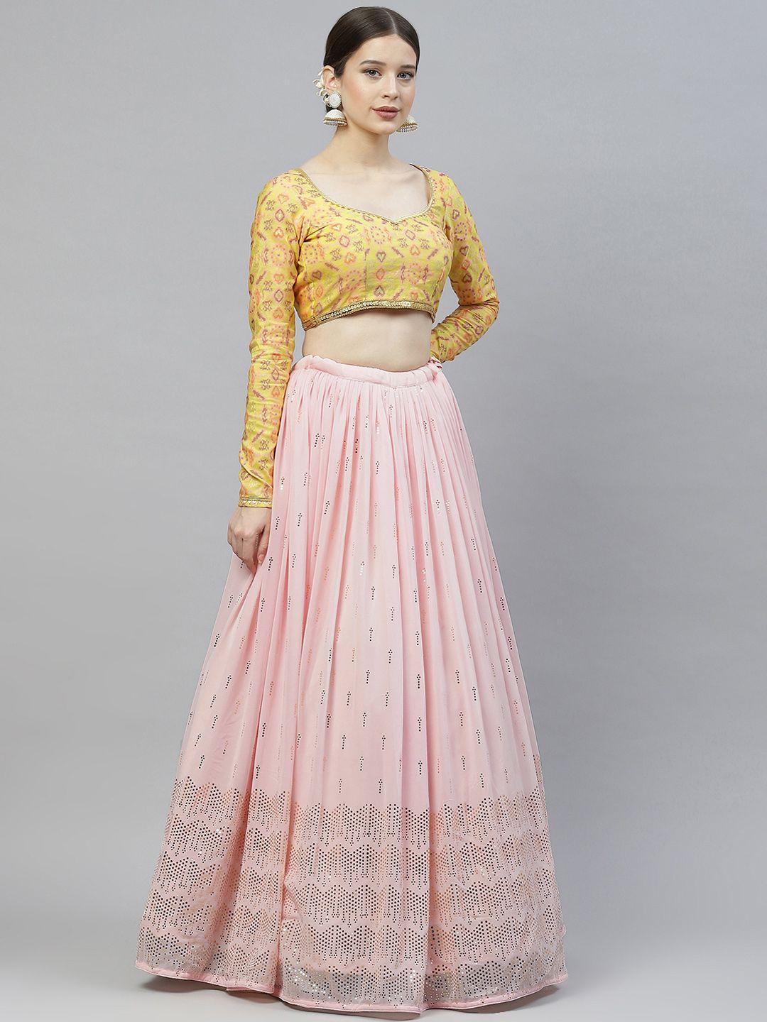 shubhkala pink & yellow printed semi-stitched lehenga & unstitched blouse with dupatta