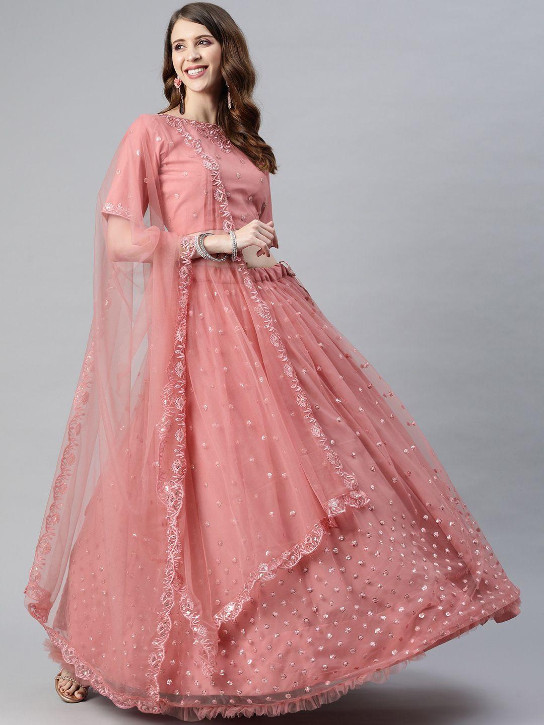 shubhkala pink embroidered sequinned semi-stitched lehenga & unstitched blouse with dupatta