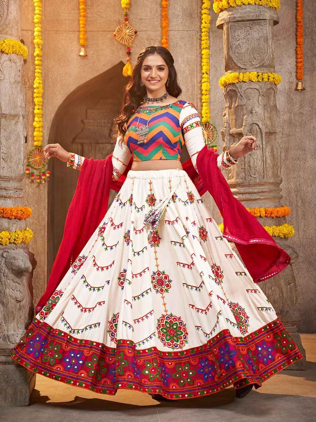 shubhkala printed thread work ready to wear lehenga & unstitched blouse with dupatta