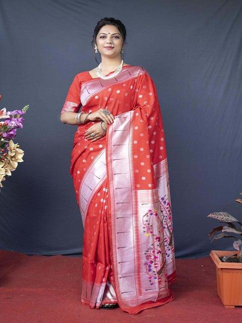 shubhkala red & silver silk woven saree with unstitched blouse