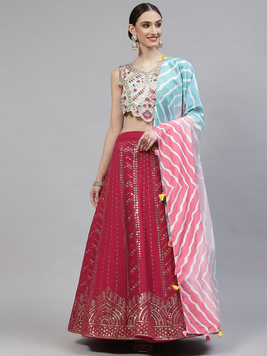 shubhkala red embroidered semi-stitched lehenga & blouse with dupatta