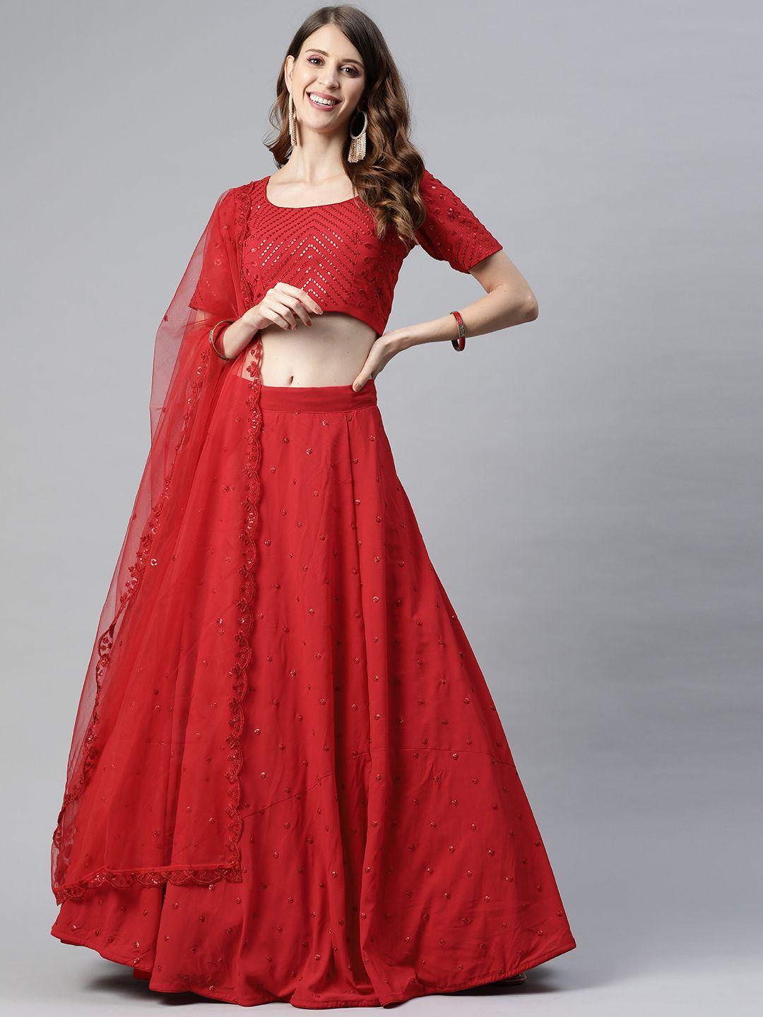 shubhkala red embroidered sequinned semi-stitched lehenga & unstitched blouse with dupatta