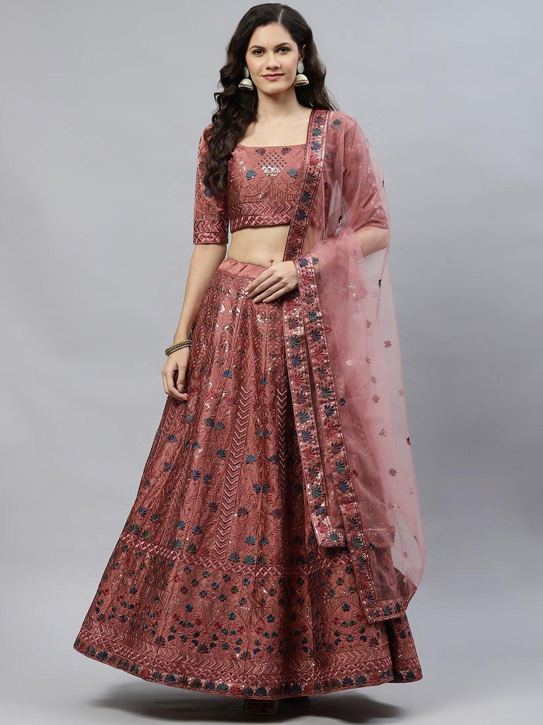 shubhkala rust red embroidered semi-stitched lehenga & unstitched blouse with dupatta