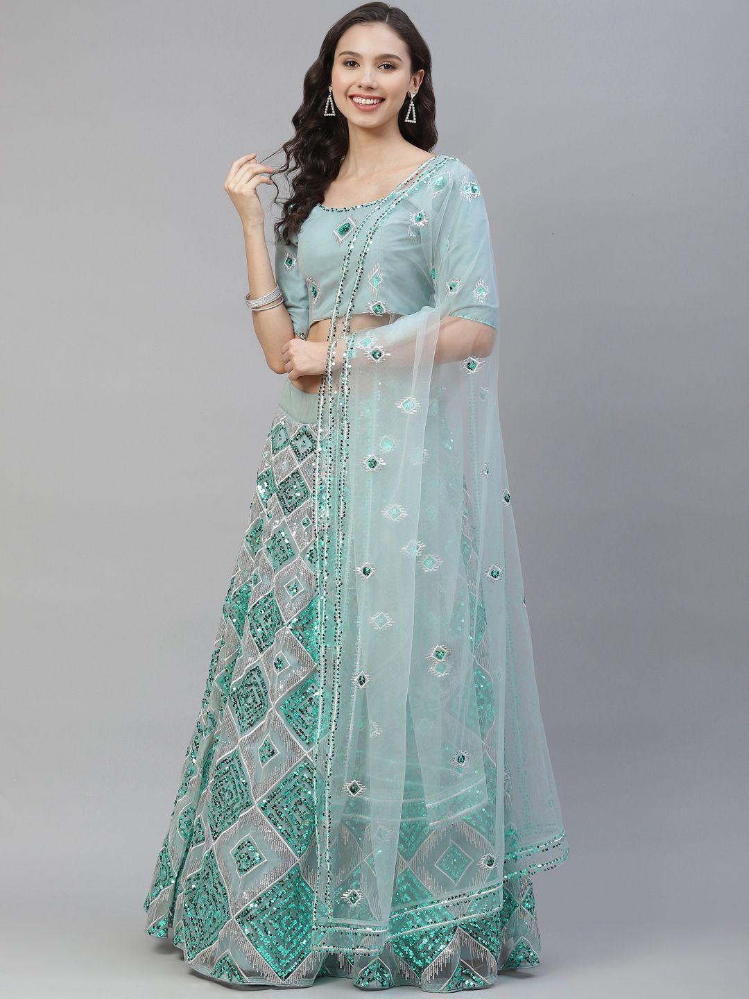 shubhkala sea green & silver sequinned semi-stitched lehenga & unstitched blouse with